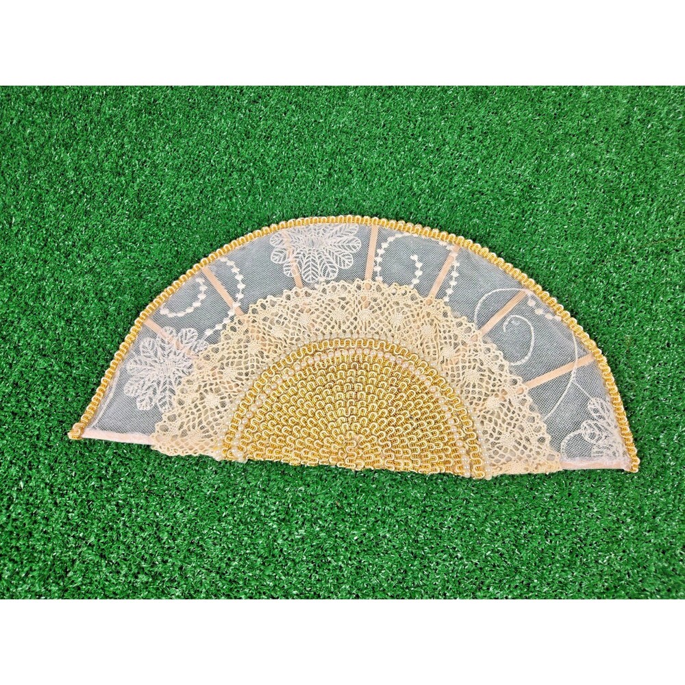 Handmade Fixed Hand Fan Gold Lace Pearl Sequin Usable Accessory New